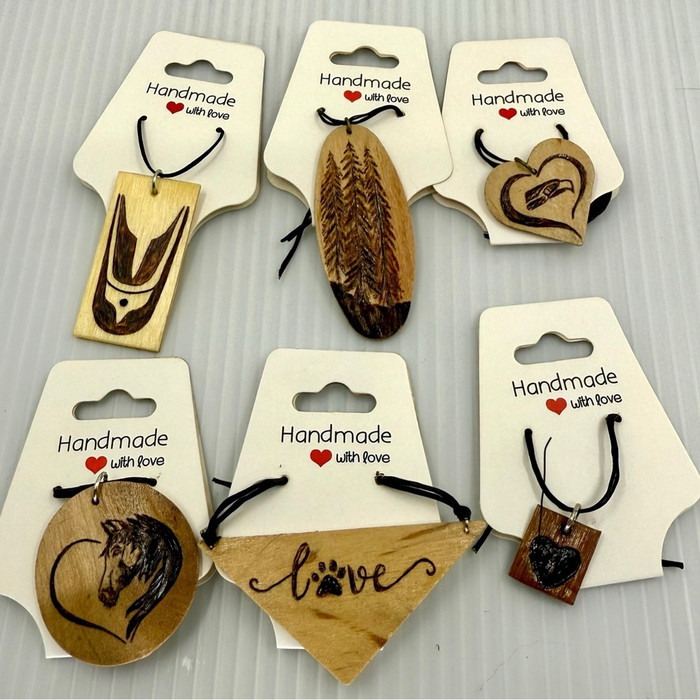 Handmade Wood Burned  Necklaces Horse Paw Print Seahawks Trees Feather Heart
